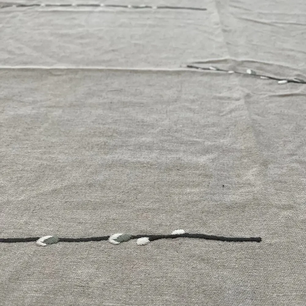 Heavyweight Taupe Linen Tablecloth with Fringe Embroidered Leaves 86